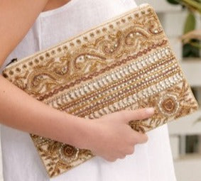 Beaded Panels Zip Top Clutch